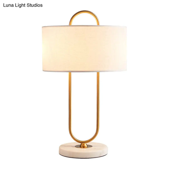 Metallic Modern Night Light: Oblong Bedside Table Lamp With Marble Base & Fabric Drum Shade