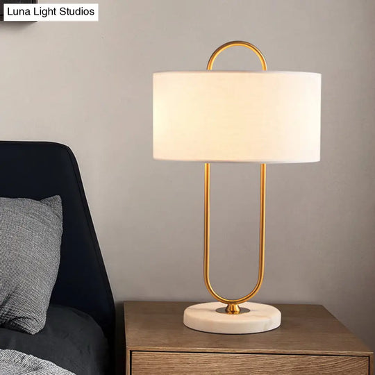 Metallic Modern Night Light: Oblong Bedside Table Lamp With Marble Base & Fabric Drum Shade