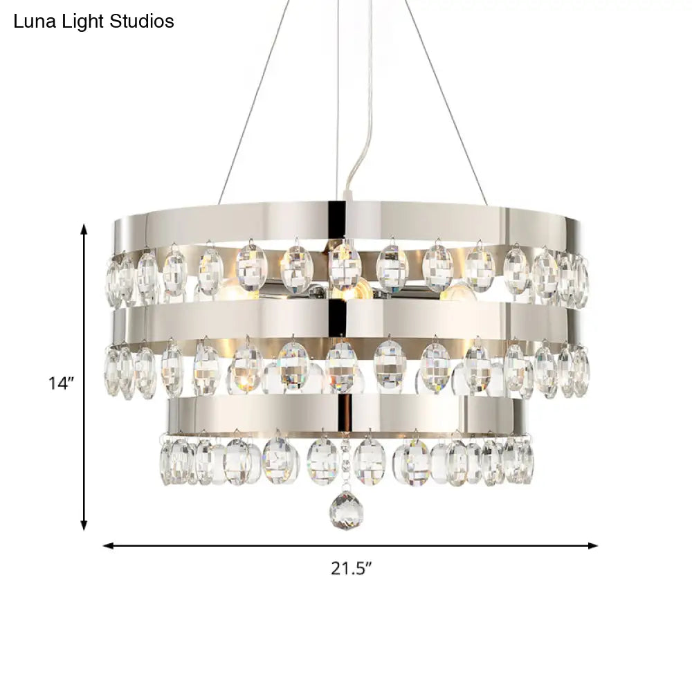 Chrome Multi-Light Chandelier With Clear Crystal Deco And Tiered Rings