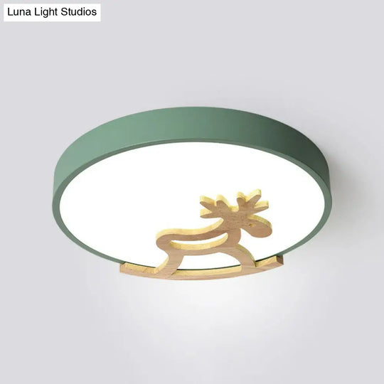 Metallic Nordic Circle Led Flush Mount With Wooden Hobbyhorse For Bedroom Ceiling Lighting