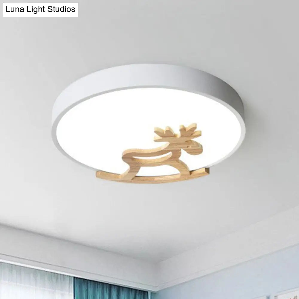 Metallic Nordic Circle Led Flush Mount With Wooden Hobbyhorse For Bedroom Ceiling Lighting