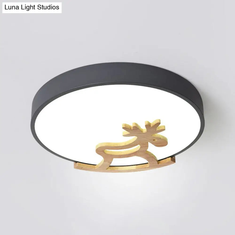 Metallic Nordic Circle Led Flush Mount With Wooden Hobbyhorse For Bedroom Ceiling Lighting