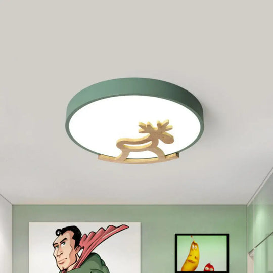 Metallic Nordic Circle Led Flush Mount With Wooden Hobbyhorse For Bedroom Ceiling Lighting Green /