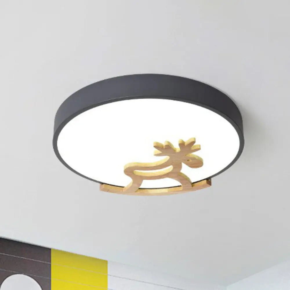 Metallic Nordic Circle Led Flush Mount With Wooden Hobbyhorse For Bedroom Ceiling Lighting Grey /