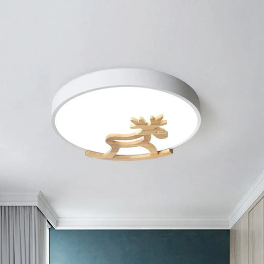 Metallic Nordic Circle Led Flush Mount With Wooden Hobbyhorse For Bedroom Ceiling Lighting White /