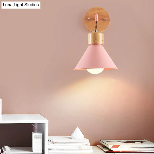 Metallic Nordic Wall Sconce With Wooden Cap - Stylish Cone Shade 1 Light Blue/Pink/White