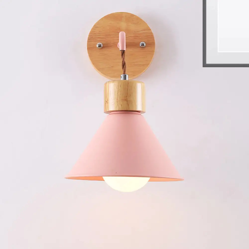 Metallic Nordic Wall Sconce With Wooden Cap - Stylish Cone Shade 1 Light Blue/Pink/White Pink