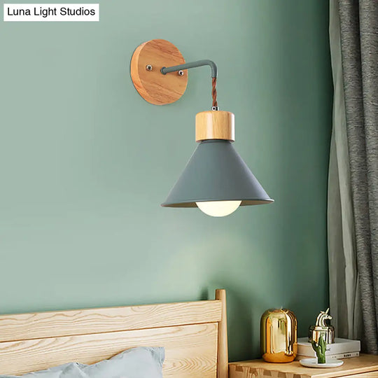 Metallic Nordic Wall Sconce With Wooden Cap - Stylish Cone Shade 1 Light Blue/Pink/White