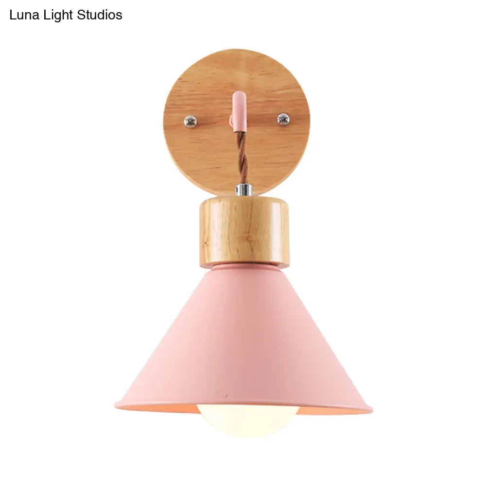 Metallic Nordic Wall Sconce With Wooden Cap - Stylish Cone Shade 1 Light Blue/Pink/White