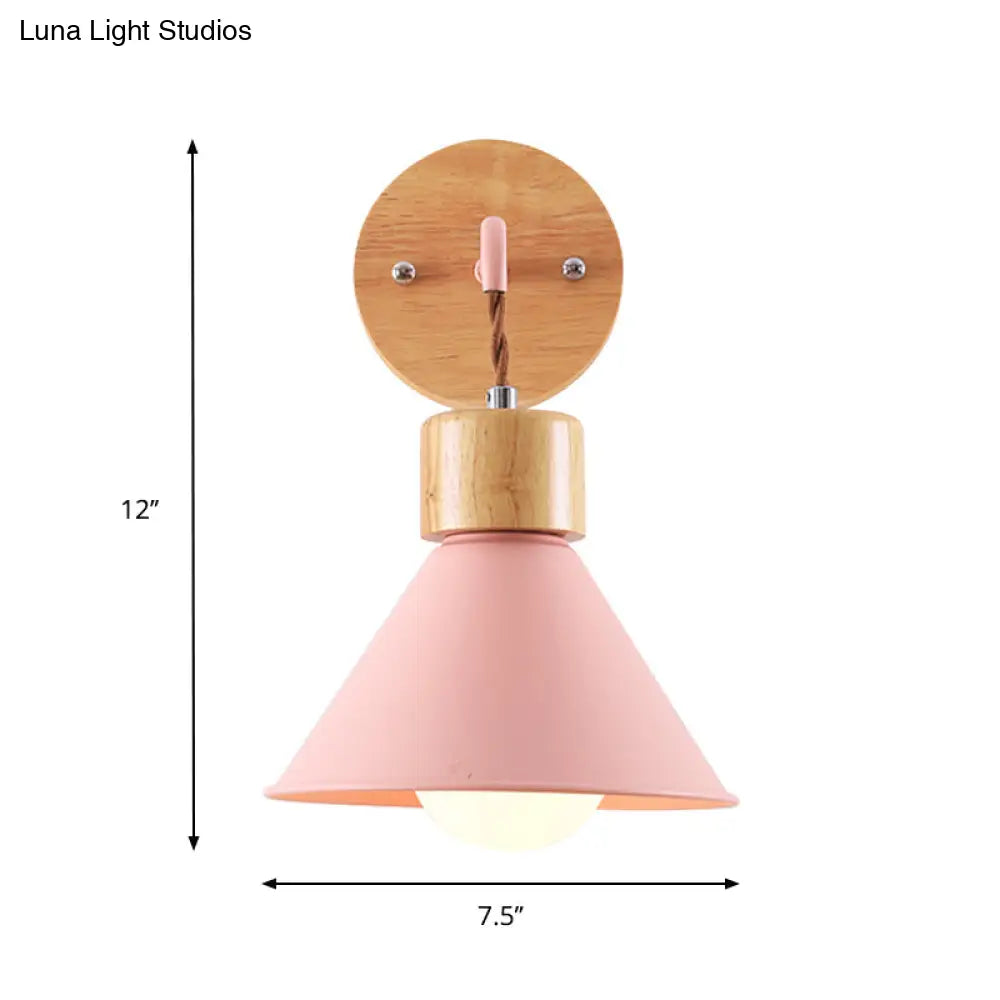 Metallic Nordic Wall Sconce With Wooden Cap - Stylish Cone Shade 1 Light Blue/Pink/White