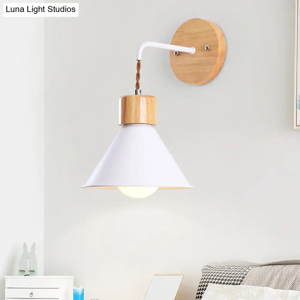 Metallic Nordic Wall Sconce With Wooden Cap - Stylish Cone Shade 1 Light Blue/Pink/White