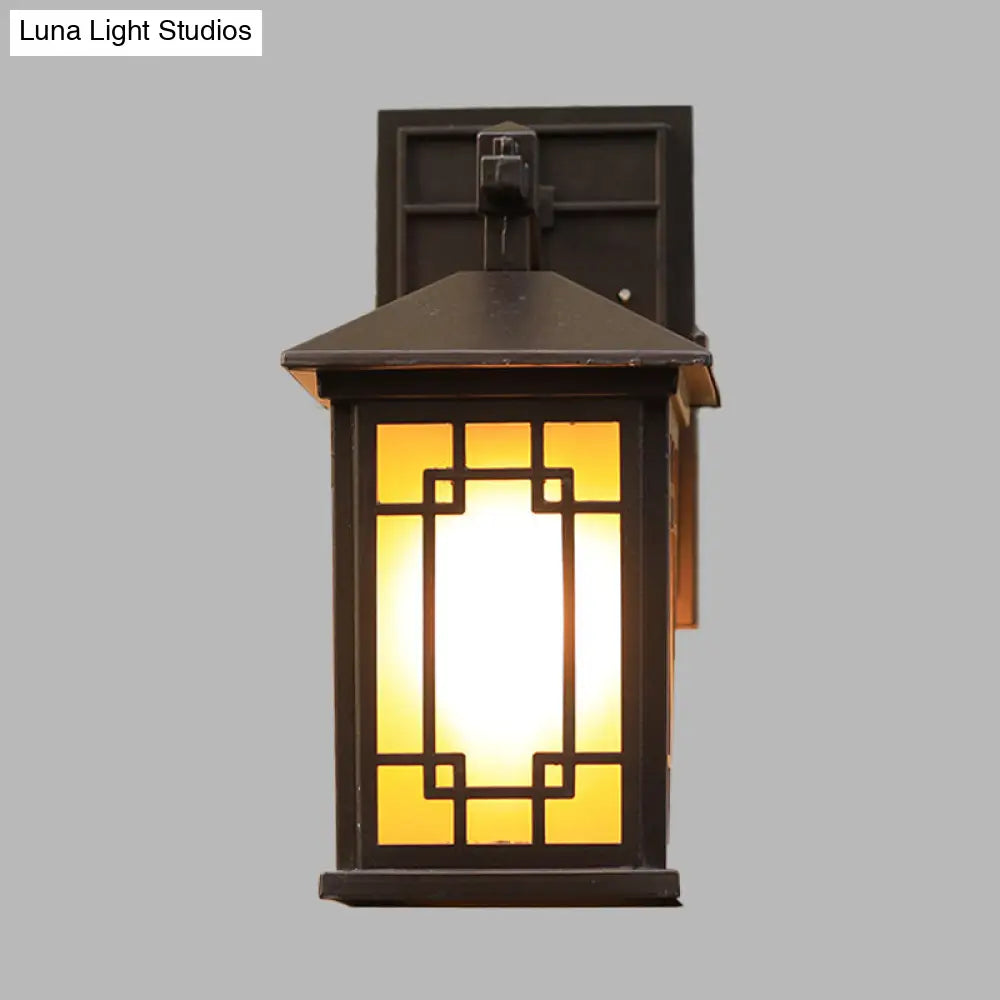 Metallic Outdoor Wall Sconce With Yellow Glass Shade: Cuboid Country-Style 1-Bulb Lamp In Black