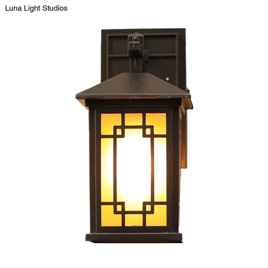 Metallic Outdoor Wall Sconce With Yellow Glass Shade: Cuboid Country-Style 1-Bulb Lamp In Black