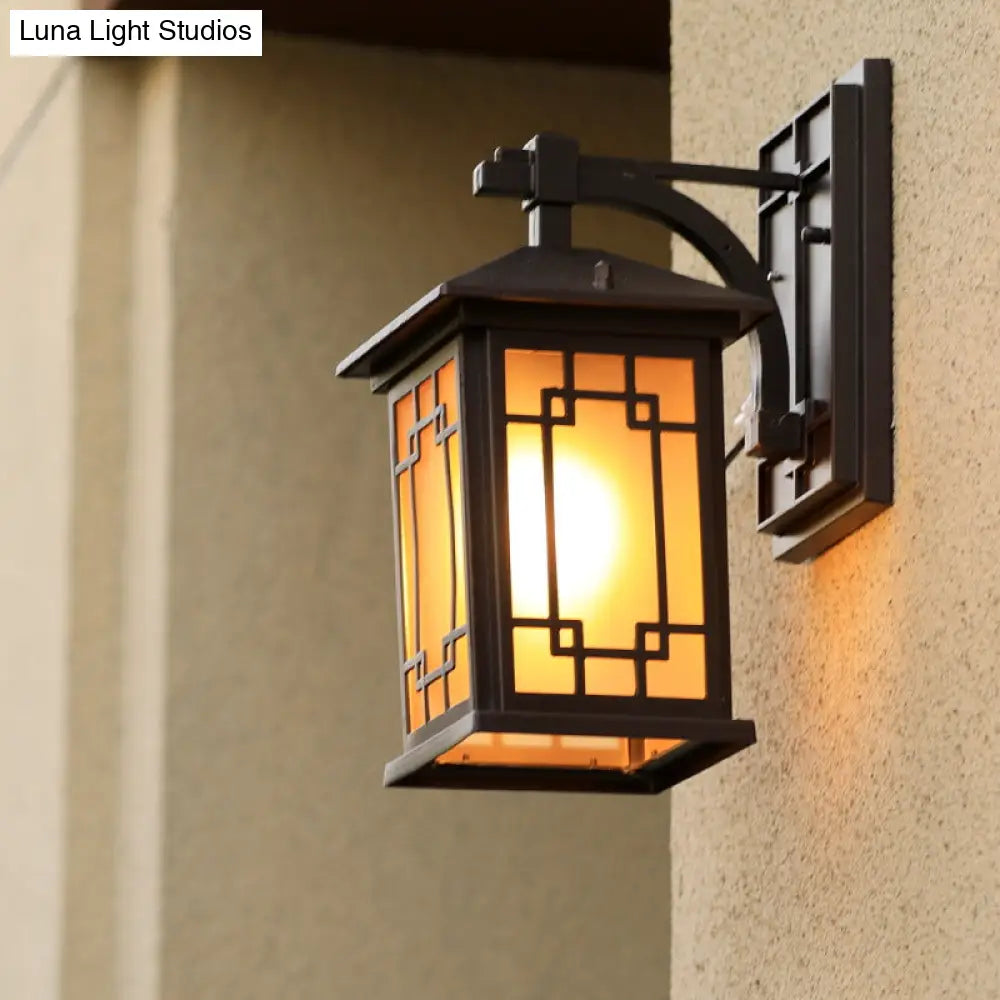 Metallic Outdoor Wall Sconce With Yellow Glass Shade: Cuboid Country-Style 1-Bulb Lamp In Black