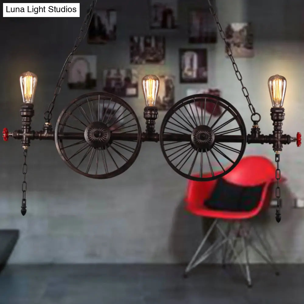 Metallic Pendant Light: Antique 3-Head Wagon Wheel Design For Restaurants And Hanging Islands With