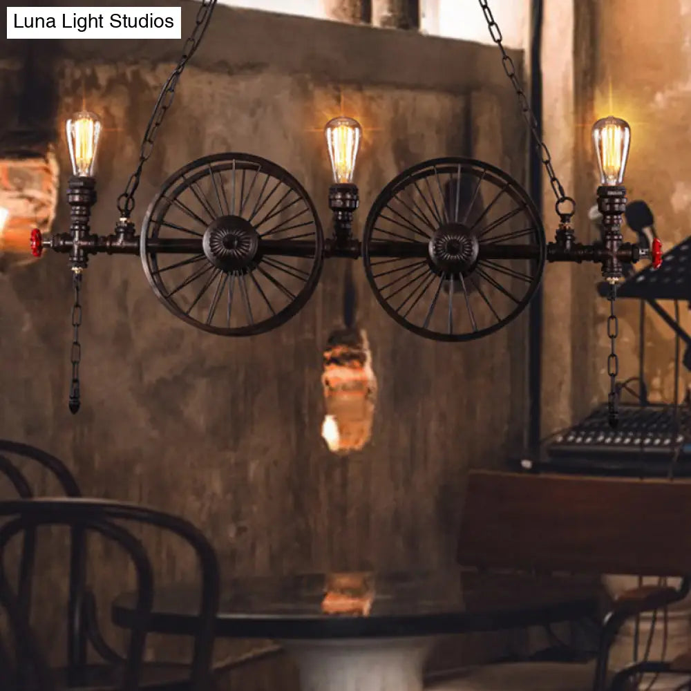 Metallic Pendant Light: Antique 3-Head Wagon Wheel Design For Restaurants And Hanging Islands With