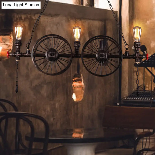 Metallic Pendant Light: Antique 3-Head Wagon Wheel Design For Restaurants And Hanging Islands With