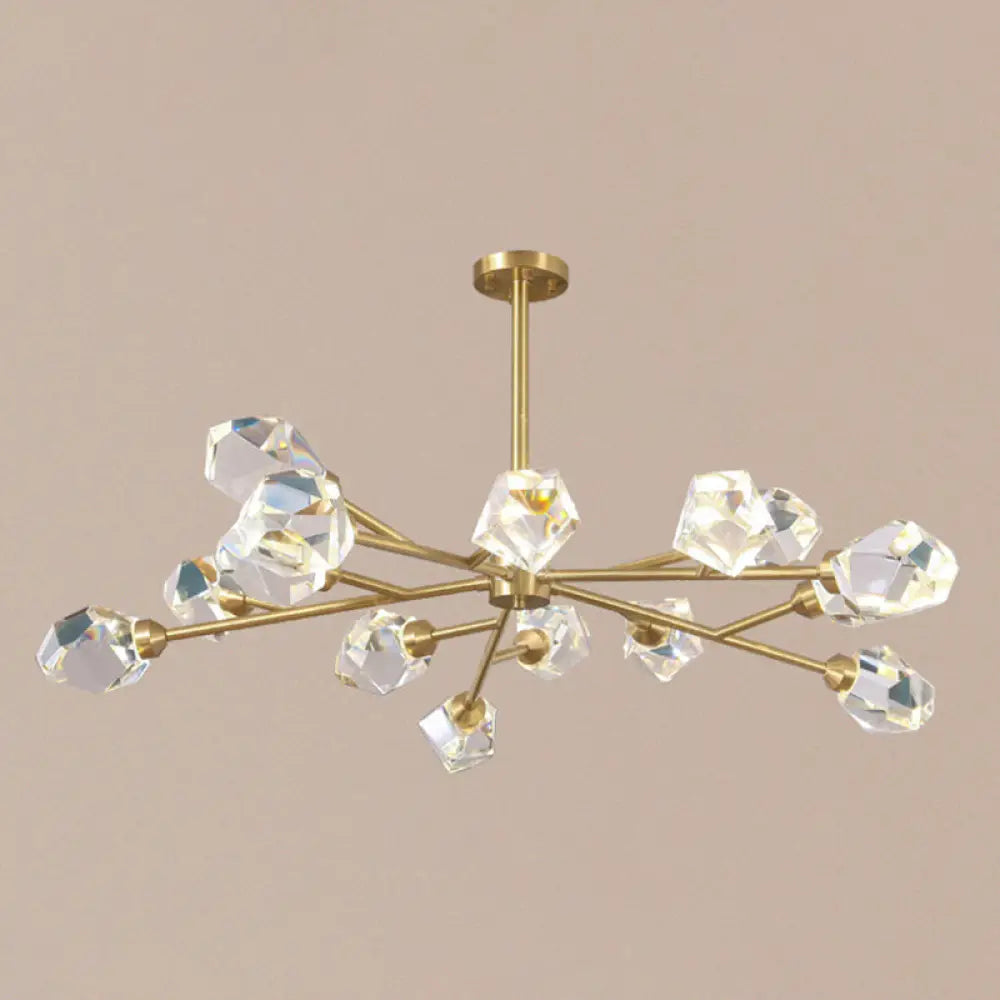 Metallic Pendant Light: Gold Beveled Crystal Shade Minimalist Branch Chandelier For Living Room 15 /