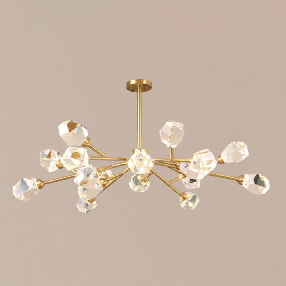 Metallic Pendant Light: Gold Beveled Crystal Shade Minimalist Branch Chandelier For Living Room 18 /