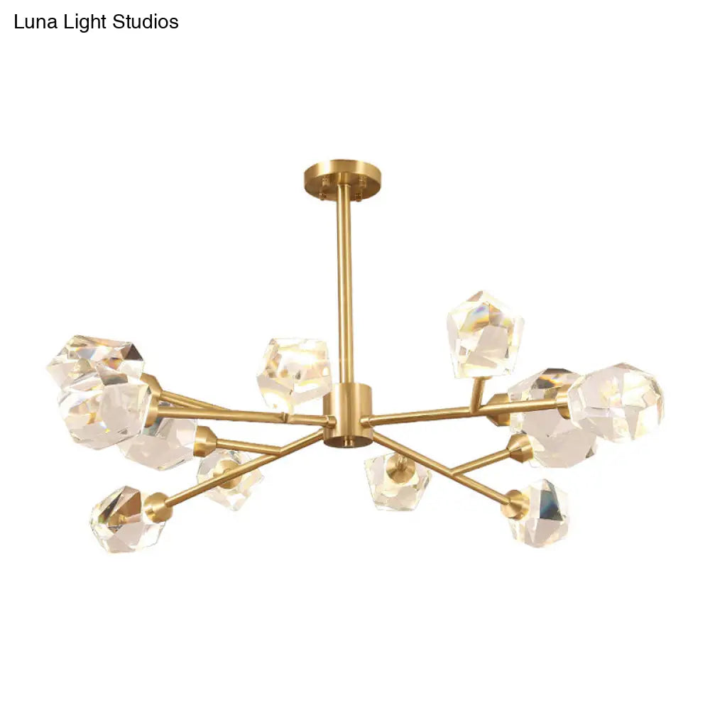 Metallic Pendant Light: Gold Beveled Crystal Shade Minimalist Branch Chandelier For Living Room