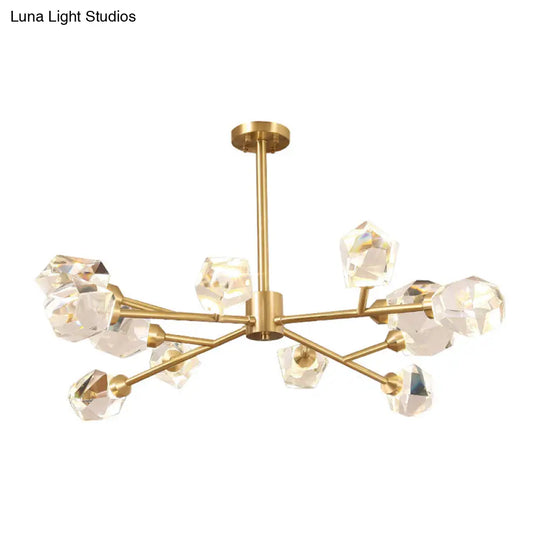 Metallic Pendant Light: Gold Beveled Crystal Shade Minimalist Branch Chandelier For Living Room