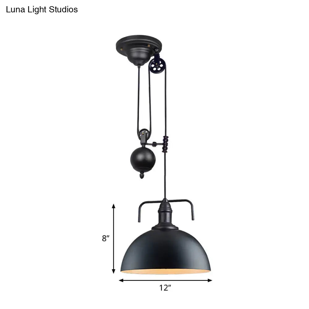 Black Dome Hanging Light - Warehouse Style Metallic Pendant With Pulley Design 8/12 Width