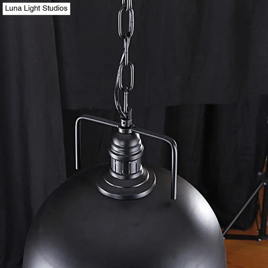 Black Dome Hanging Light - Warehouse Style Metallic Pendant With Pulley Design 8/12 Width
