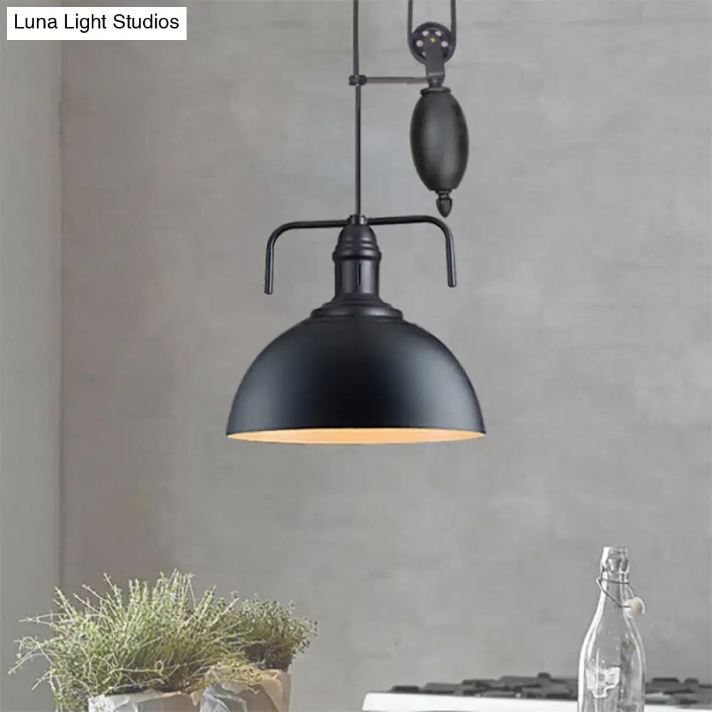 Black Dome Hanging Light - Warehouse Style Metallic Pendant With Pulley Design 8/12 Width / 8