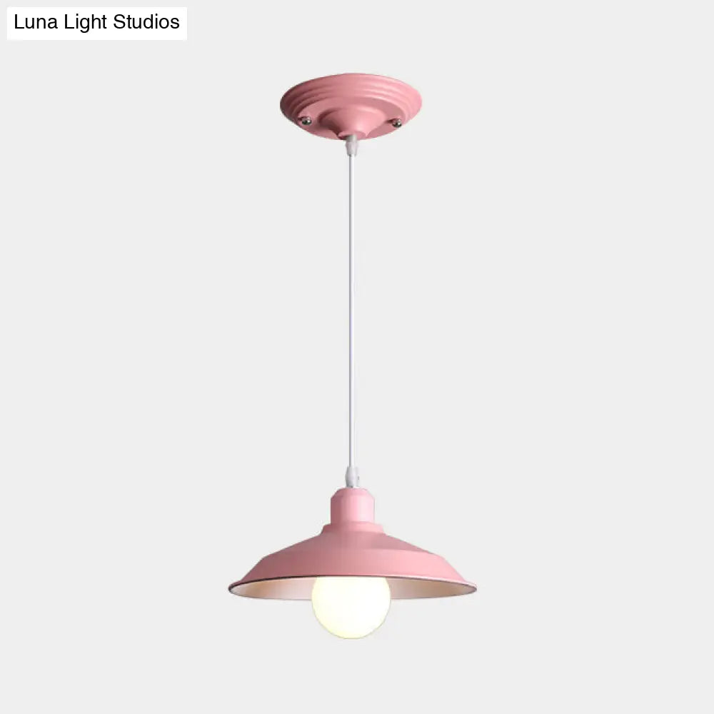 Retro Style Metallic Pink/Yellow Pendant Light With Barn Lampshade - Bedside Hanging Lamp