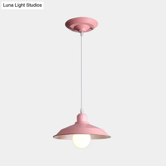 Retro Style Metallic Pink/Yellow Pendant Light With Barn Lampshade - Bedside Hanging Lamp