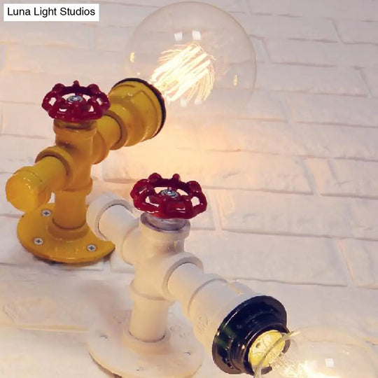 Metallic Pipe Sconce Lamp: Industrial 1 Bulb Farmhouse Wall Light With Red Valve In White/Red