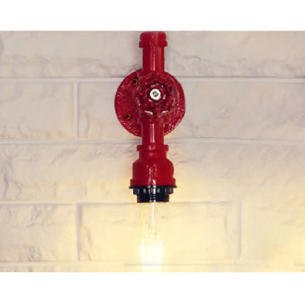 Metallic Pipe Sconce Lamp: Industrial 1 Bulb Farmhouse Wall Light With Red Valve In White/Red