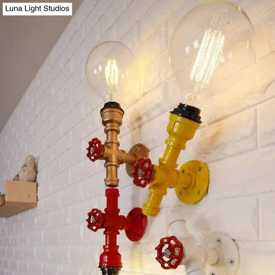 Metallic Pipe Sconce Lamp: Industrial 1 Bulb Farmhouse Wall Light With Red Valve In White/Red