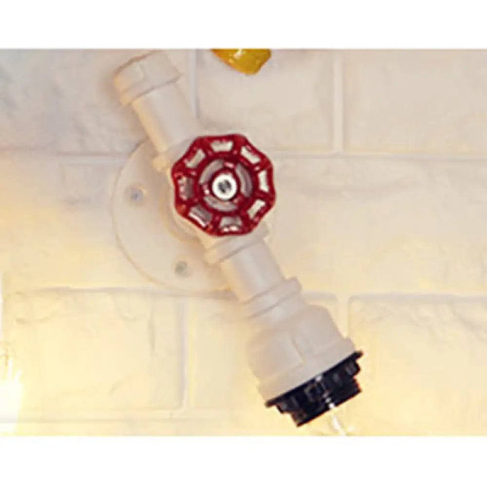 Metallic Pipe Sconce Lamp: Industrial 1 Bulb Farmhouse Wall Light With Red Valve In White/Red