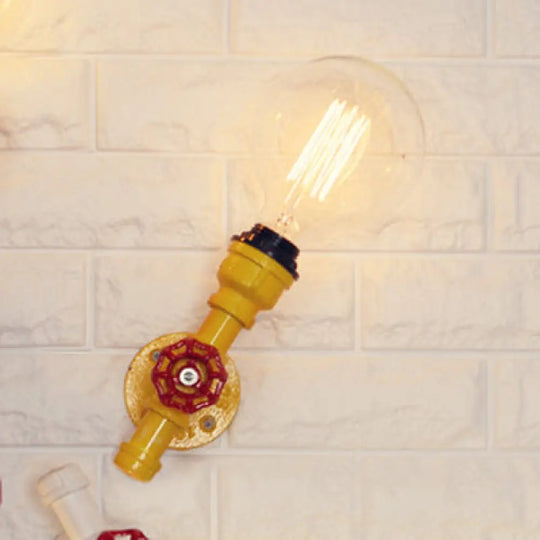 Metallic Pipe Sconce Lamp: Industrial 1 Bulb Farmhouse Wall Light With Red Valve In White/Red