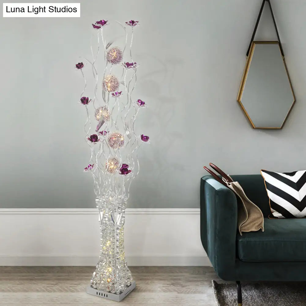 Metallic Purple Led Floor Lamp With Decorative Flower Design