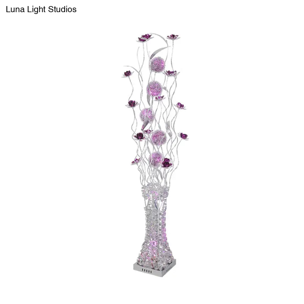 Metallic Purple Led Floor Lamp With Decorative Flower Design