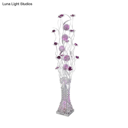 Metallic Purple Led Floor Lamp With Decorative Flower Design