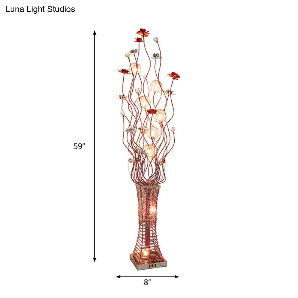 Metallic Red Floret Led Art Decor Floor Lamp With Tree Branch Design