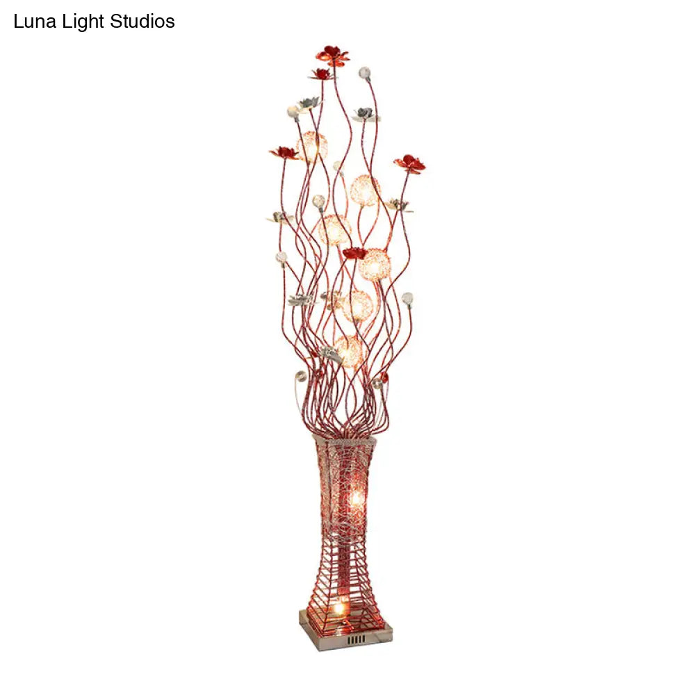 Metallic Red Floret Led Art Decor Floor Lamp With Tree Branch Design