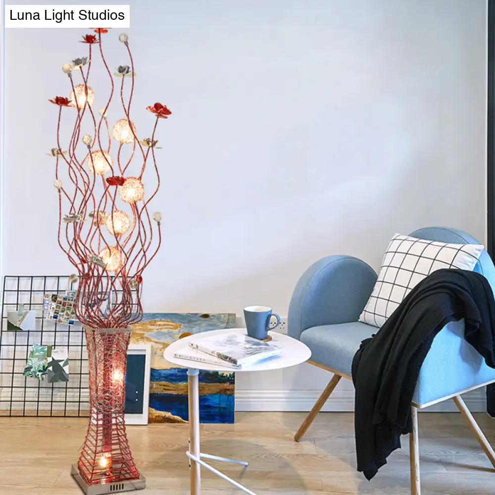 Metallic Red Floret Led Art Decor Floor Lamp With Tree Branch Design