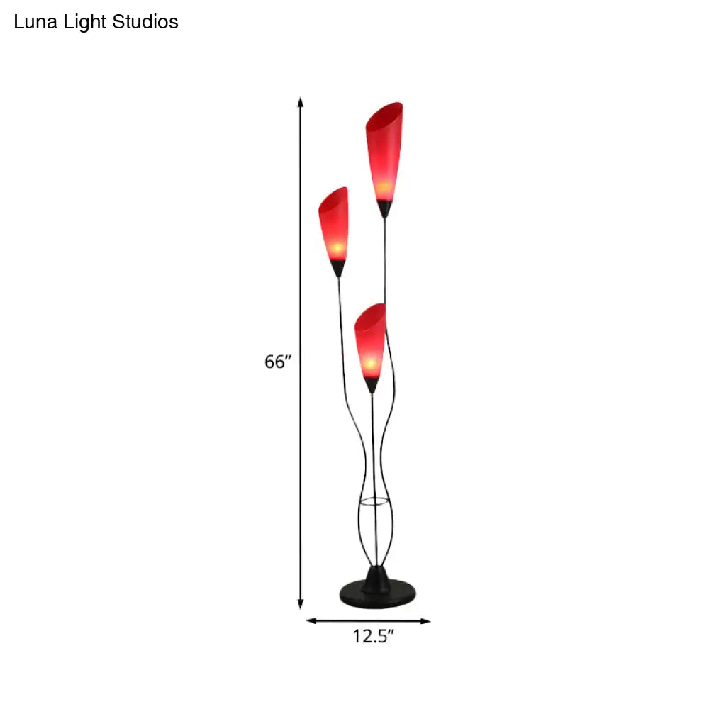 Metallic Red Torchiere Floor Reading Lamp With 3 Adjustable Heads - Perfect For Living Rooms