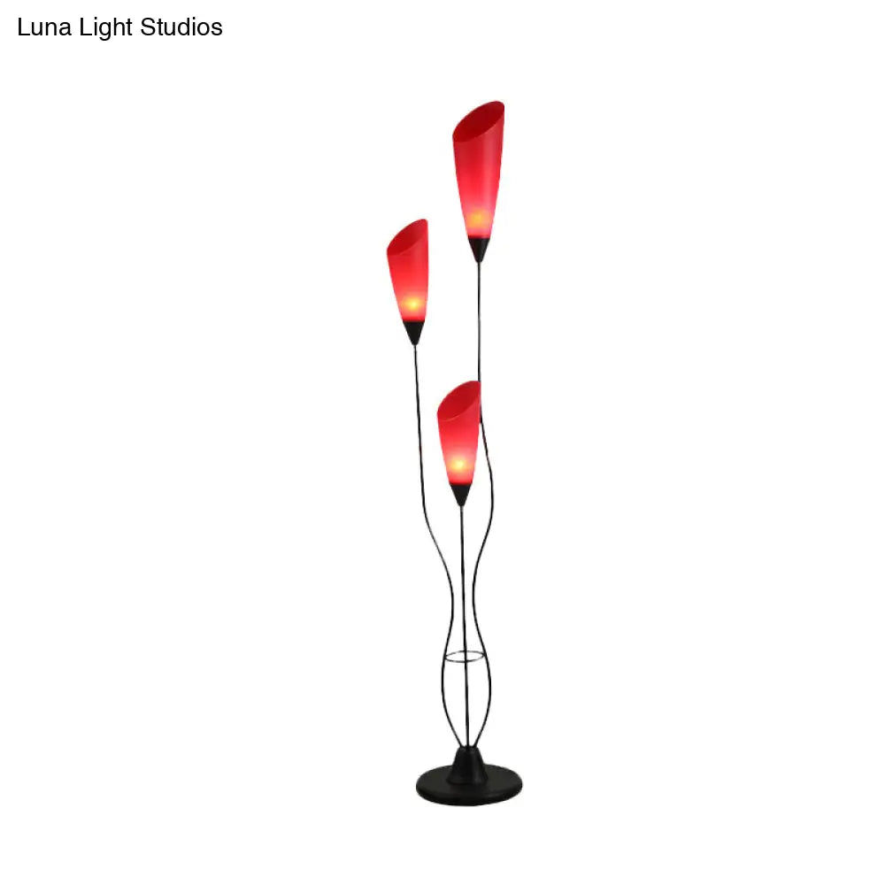 Metallic Red Torchiere Floor Reading Lamp With 3 Adjustable Heads - Perfect For Living Rooms