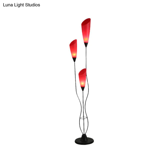 Metallic Red Torchiere Floor Reading Lamp With 3 Adjustable Heads - Perfect For Living Rooms