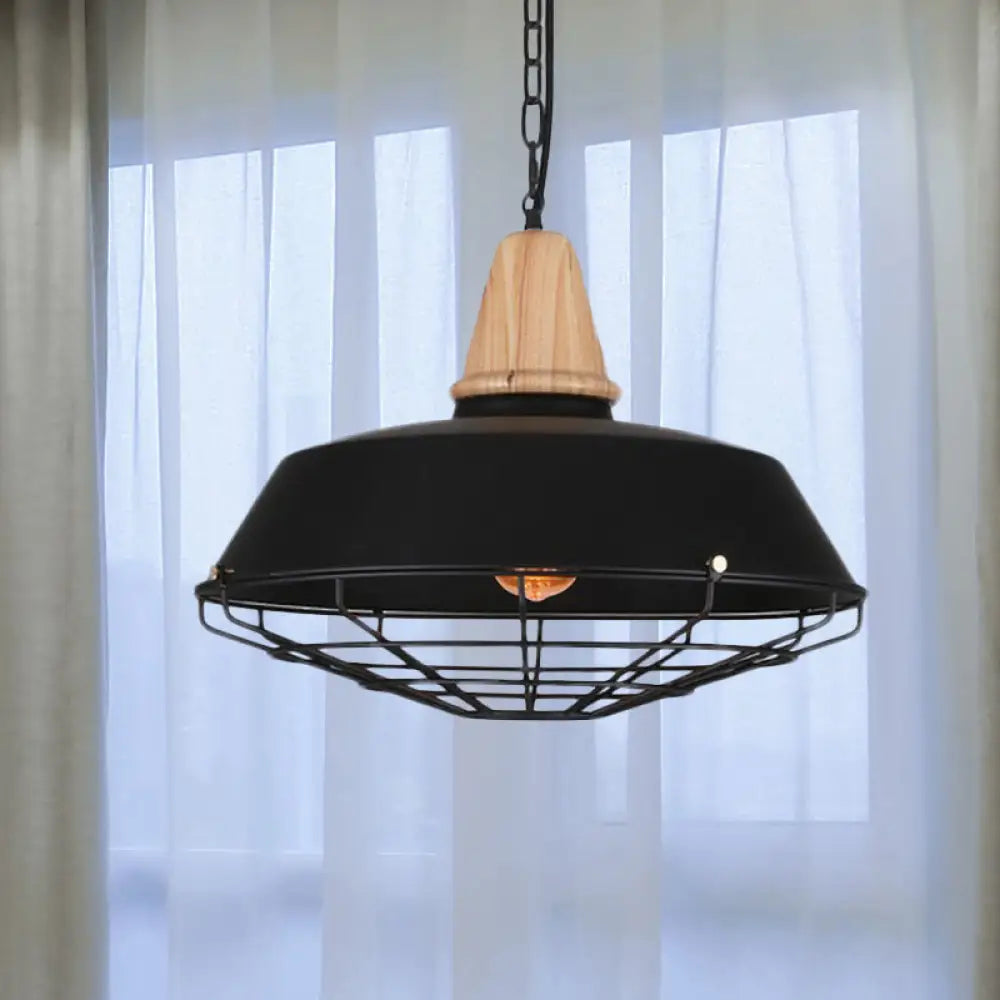 Metallic Retro Style Ceiling Hanging Pendant Light With Barn And Wire Guard 1 Head Black 3 Sizes