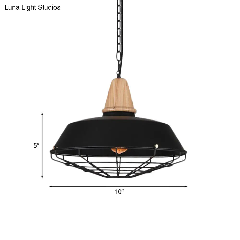 Metallic Retro Style Ceiling Hanging Pendant Light With Barn And Wire Guard 1 Head Black 3 Sizes