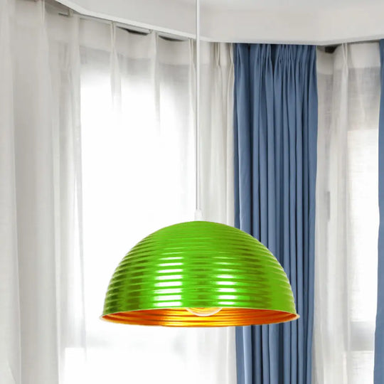 Metallic Ribbed Dome Pendant Light - Yellow/Green For Restaurants Green
