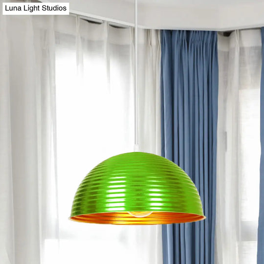 Industrial Ribbed Dome Pendant 1-Light Ceiling Fixture In Yellow/Green Perfect For Restaurants Green