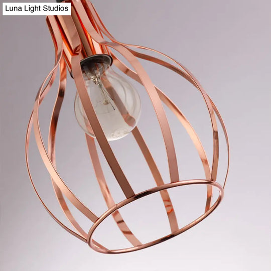 Metallic Rose Gold Pendant Lighting - Industrial Style Ceiling Light Fixture With Cage Shade 3