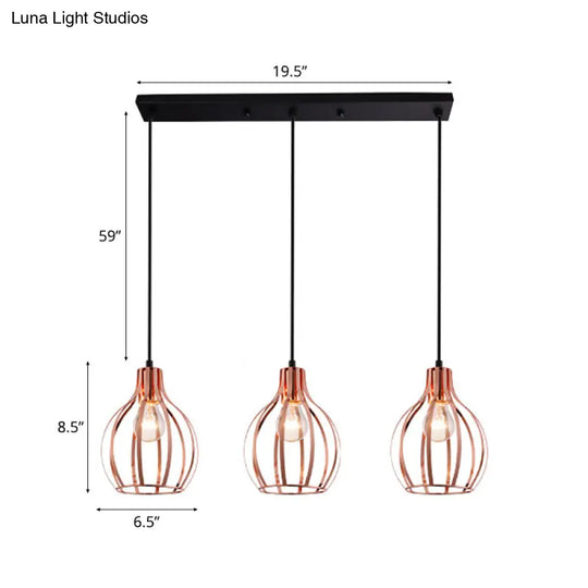 Industrial Style Metallic Rose Gold Pendant Lighting With 3 Lights And Global Cage Shade